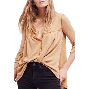 Free People Beige Waffle Knit Henley Top